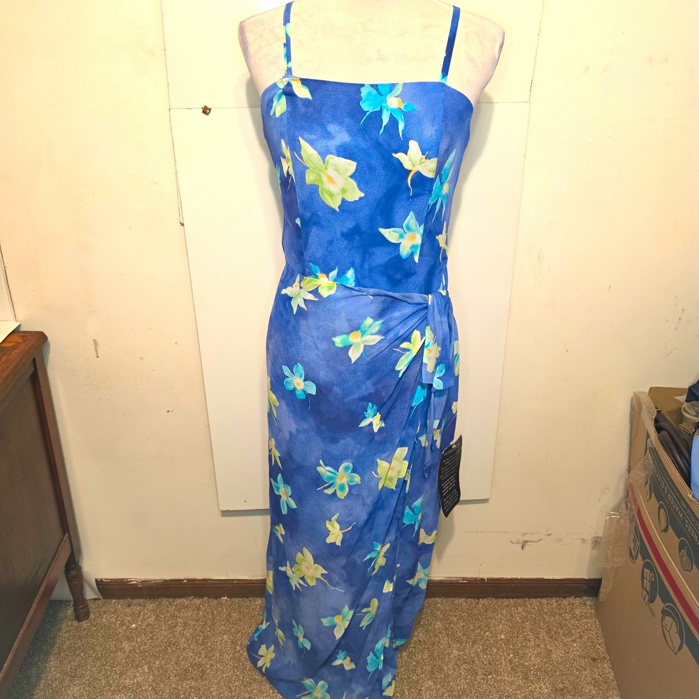Hugo Buscati Victoria Secret Blue Floral Maxi Dress Square Neck Zip Lined Sz 10
